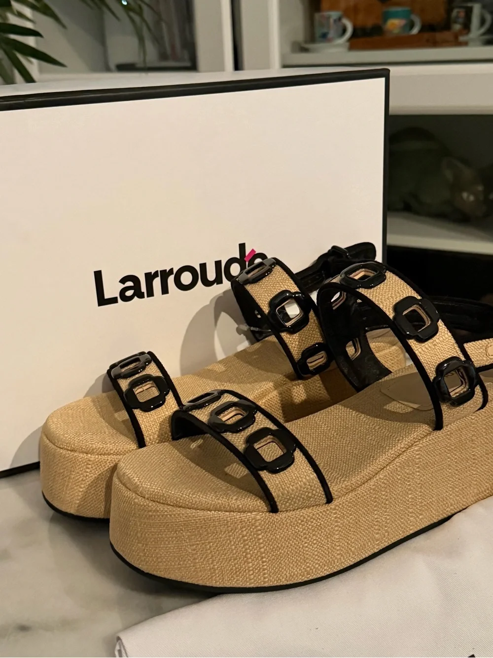 NEW IN BOX Larroude Milan Flatform Sandal Raffia/Black
